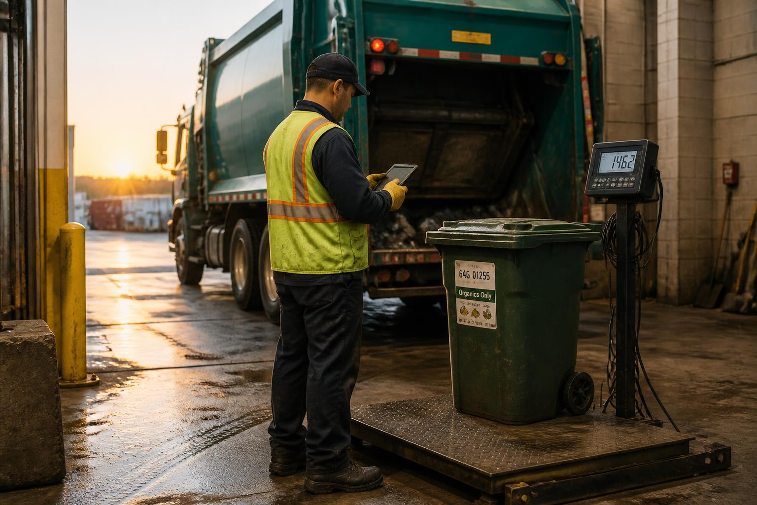 Hauler in a hi-vis vest recording a weigh ticket on a tablet beside a bin on a floor scale at a loading dock